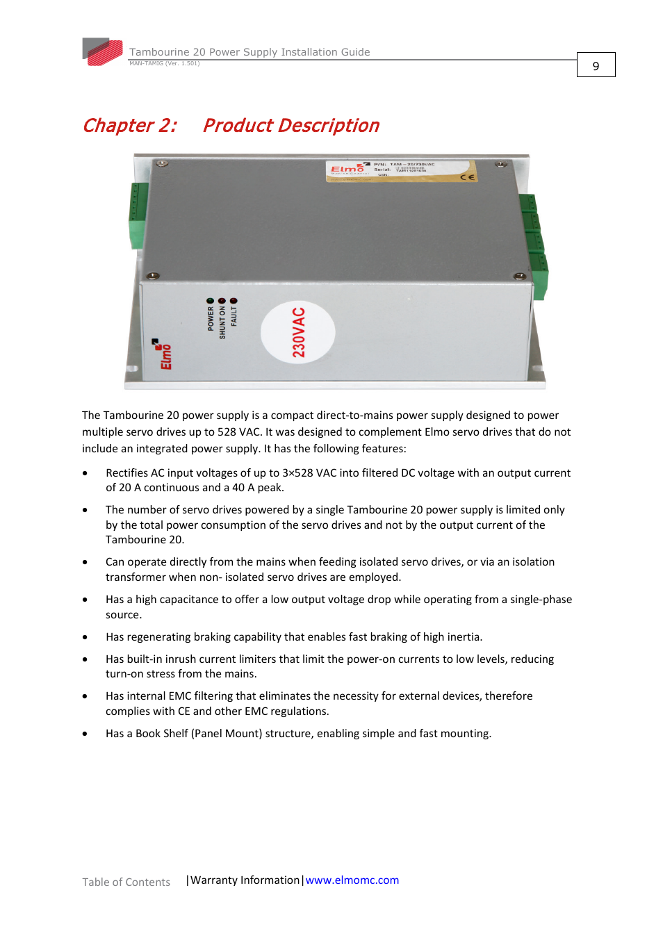 Chapter 2: product description, Chapter 2, Product description | ElmoMC Power Supplies-TAM-20 User Manual | Page 9 / 31