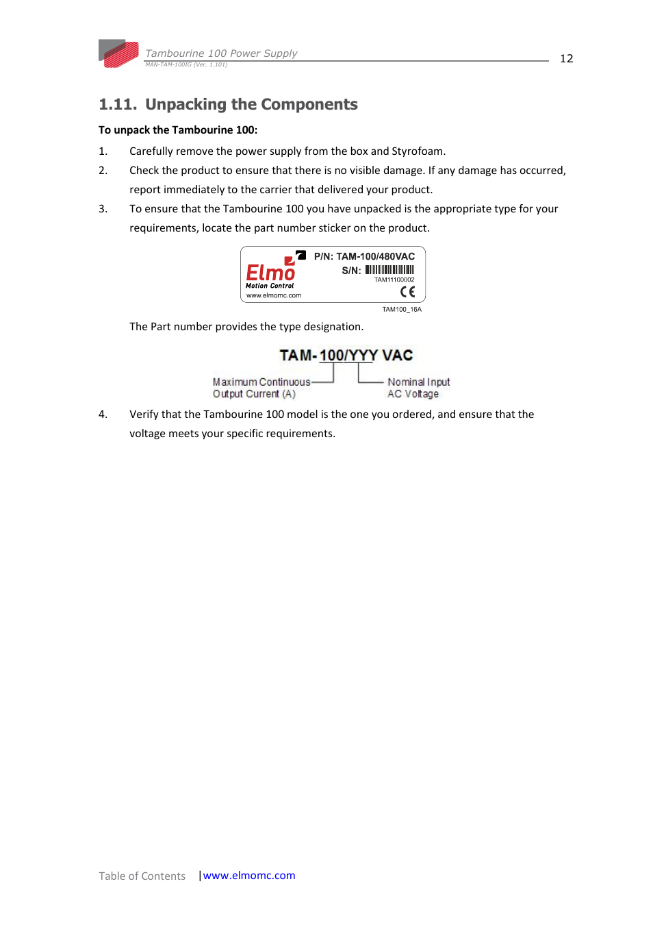Unpacking the components | ElmoMC Power Supplies-TAM-100 User Manual | Page 12 / 29