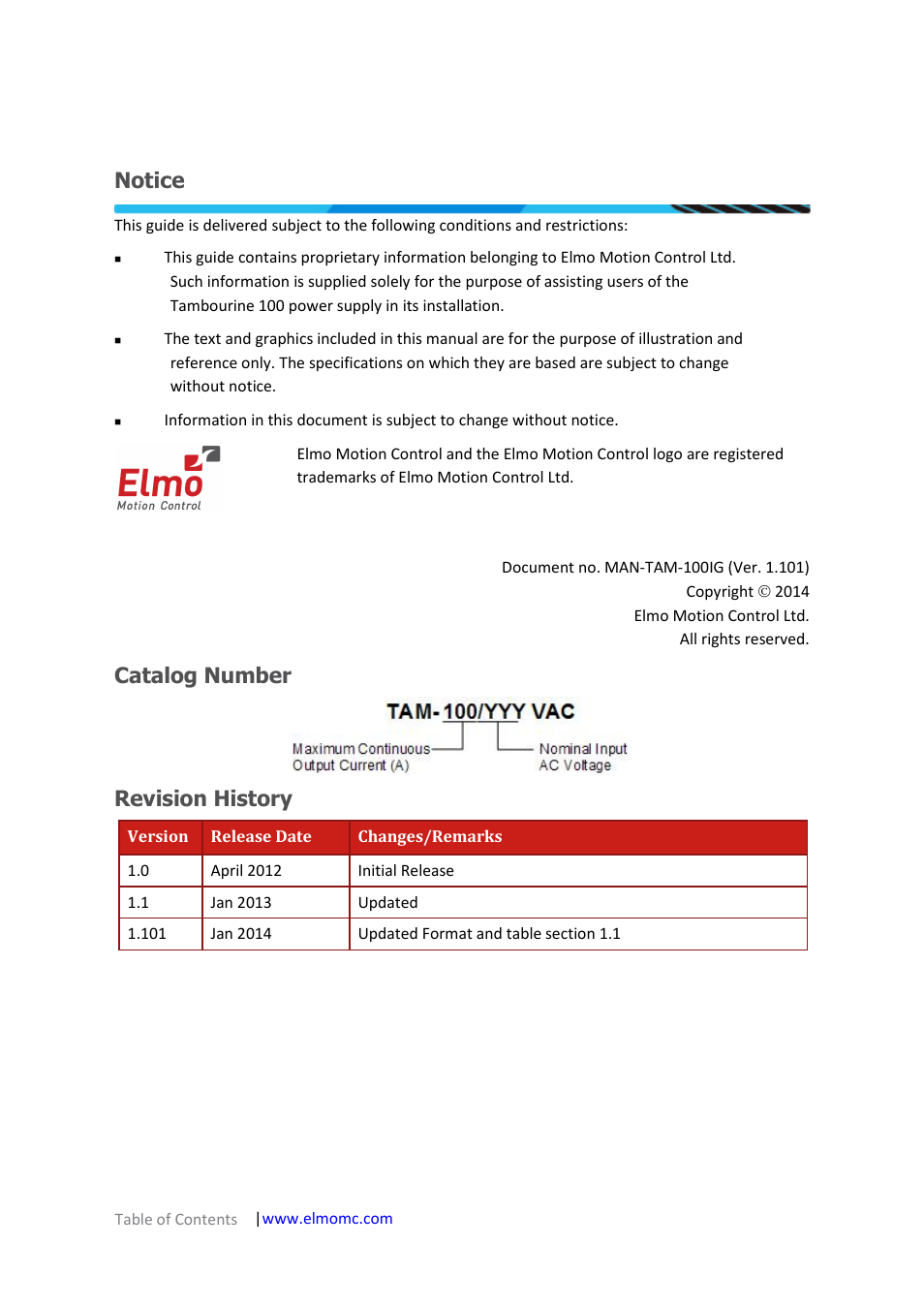 Notice, Catalog number, Revision history | ElmoMC Power Supplies-TAM-100 User Manual | Page 2 / 29