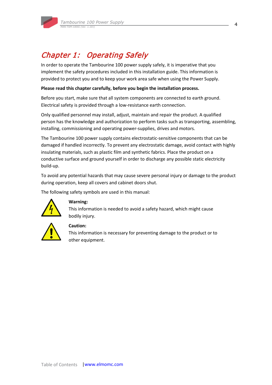 Chapter 1: operating safely, Chapter 1, Operating safely | ElmoMC Power Supplies-TAM-100 User Manual | Page 4 / 29