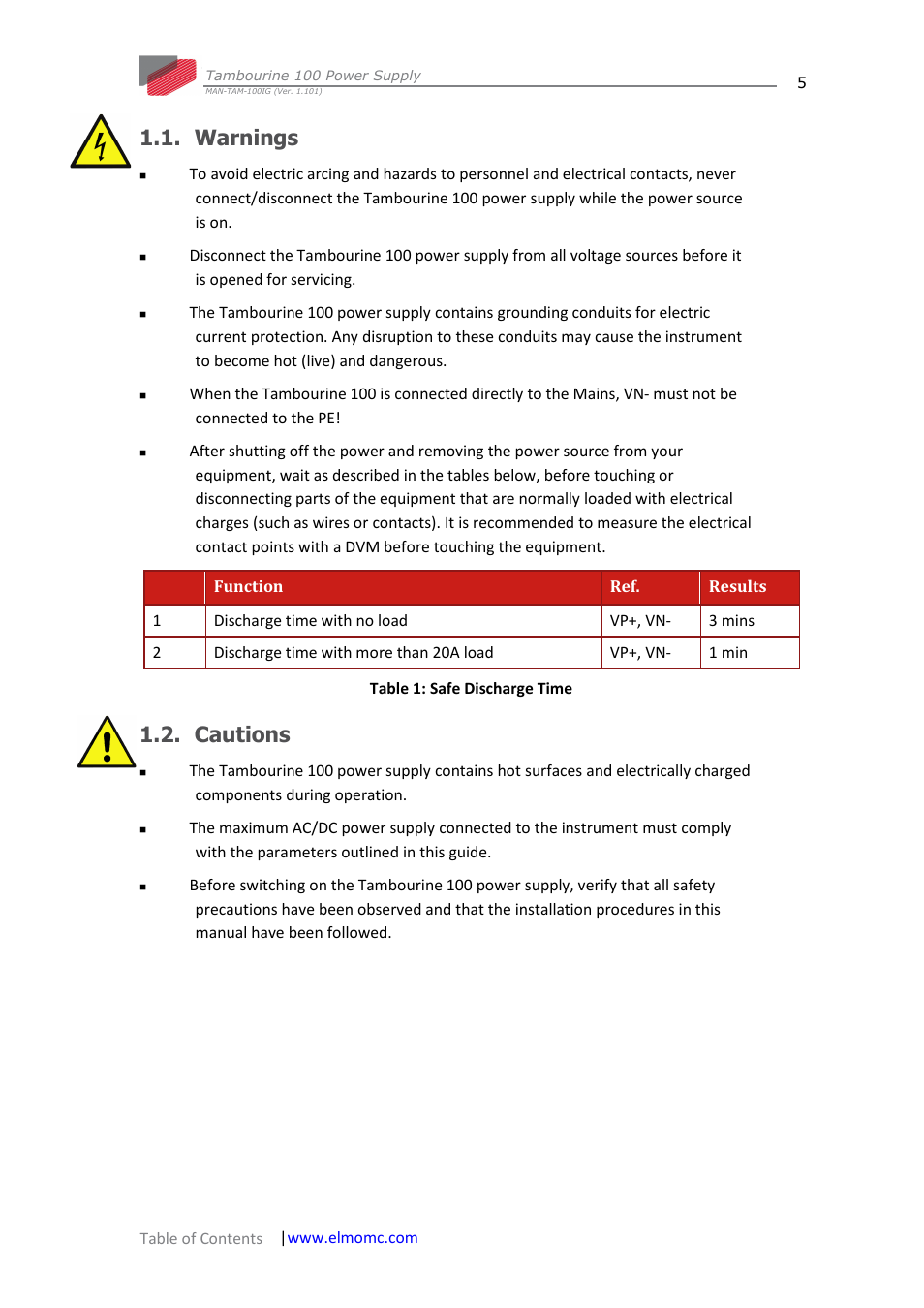 Warnings, Cautions, Warnings 1.2. cautions | ElmoMC Power Supplies-TAM-100 User Manual | Page 5 / 29