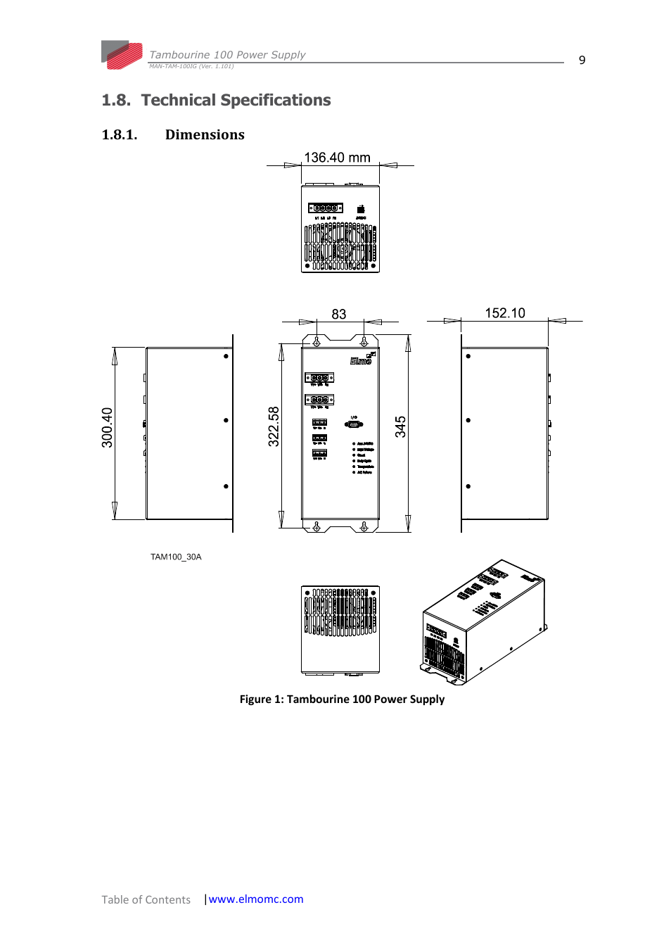 Technical specifications, Dimensions | ElmoMC Power Supplies-TAM-100 User Manual | Page 9 / 29