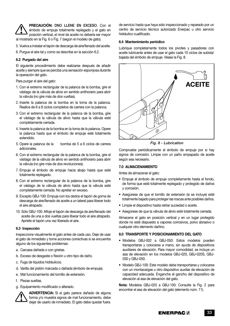 Aceite | Enerpac GBJ-Series User Manual | Page 33 / 88