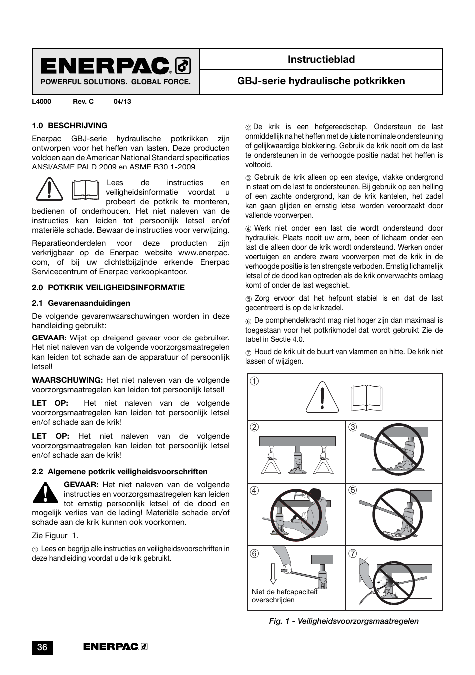 Gbj-serie hydraulische potkrikken instructieblad | Enerpac GBJ-Series User Manual | Page 36 / 88