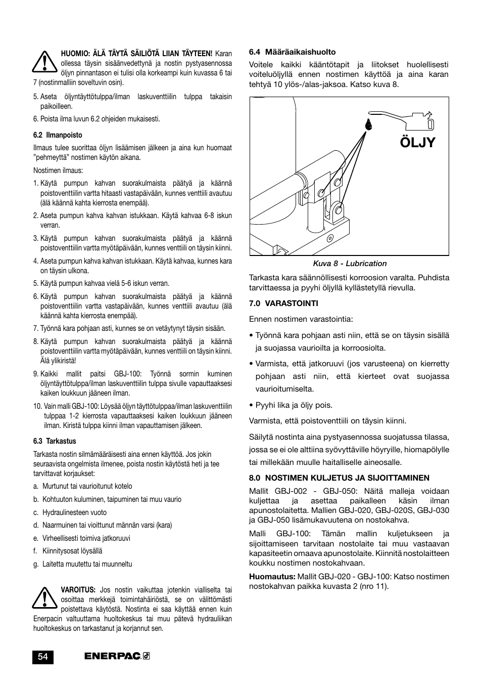 Öljy | Enerpac GBJ-Series User Manual | Page 54 / 88