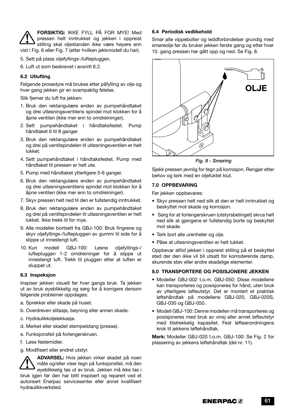 Olje | Enerpac GBJ-Series User Manual | Page 61 / 88