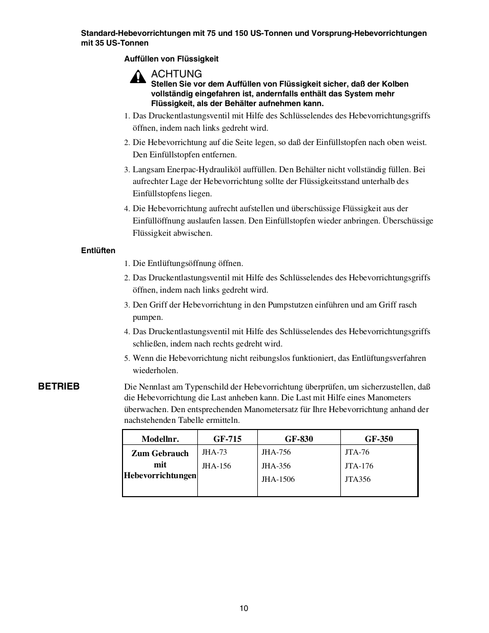 Achtung | Enerpac JTA-Series User Manual | Page 10 / 36
