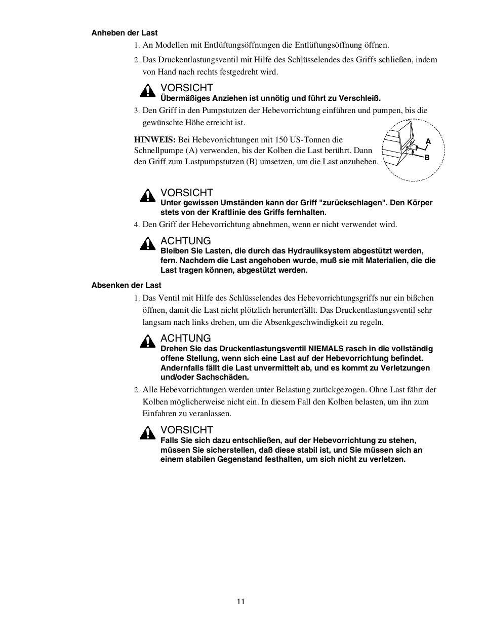 Vorsicht, Achtung | Enerpac JTA-Series User Manual | Page 11 / 36