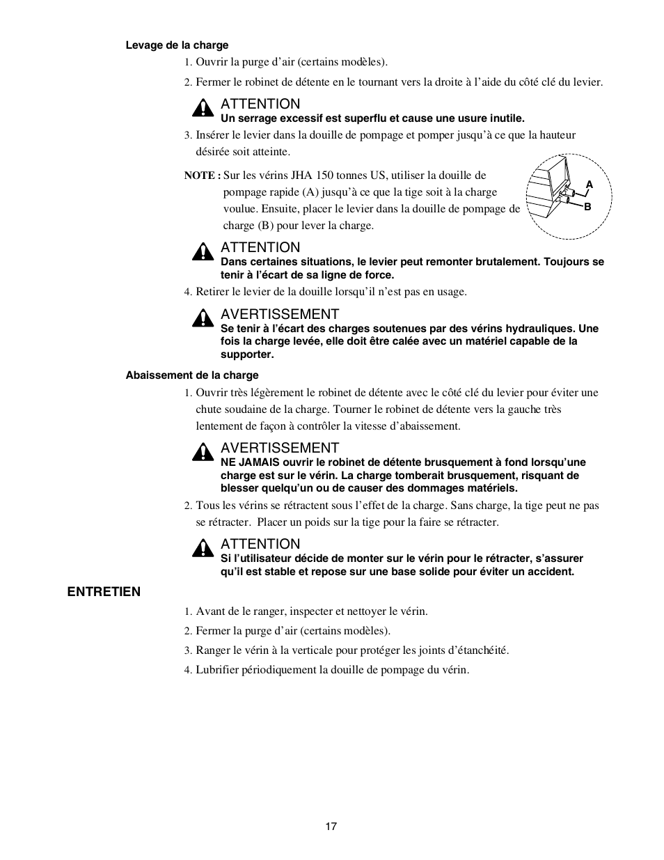 Attention, Avertissement | Enerpac JTA-Series User Manual | Page 17 / 36