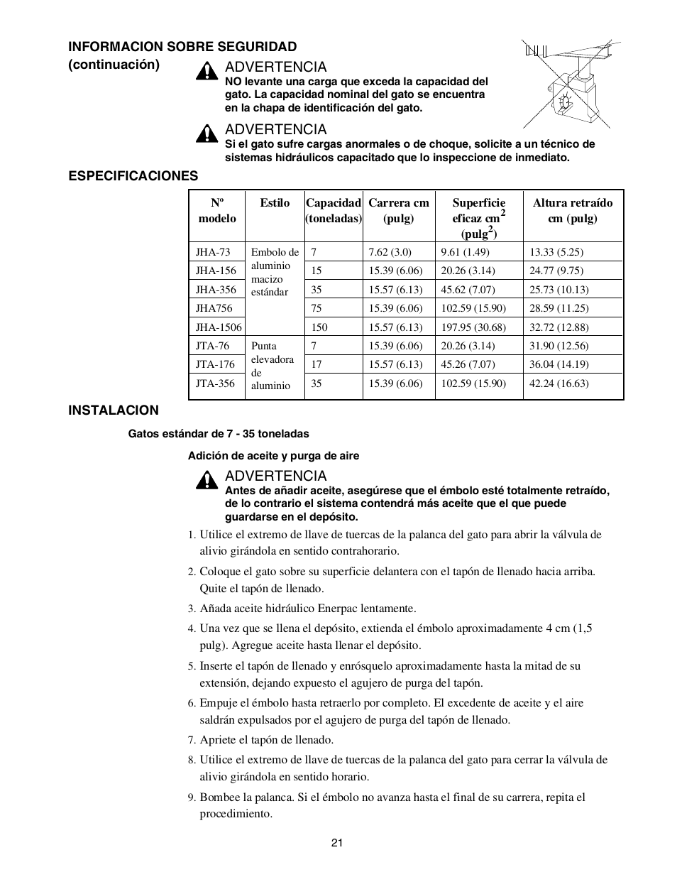 Advertencia | Enerpac JTA-Series User Manual | Page 21 / 36