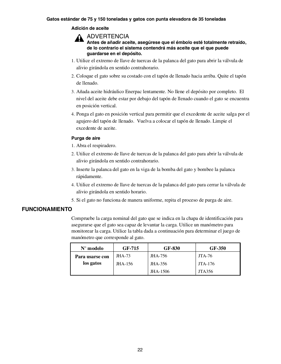 Advertencia | Enerpac JTA-Series User Manual | Page 22 / 36