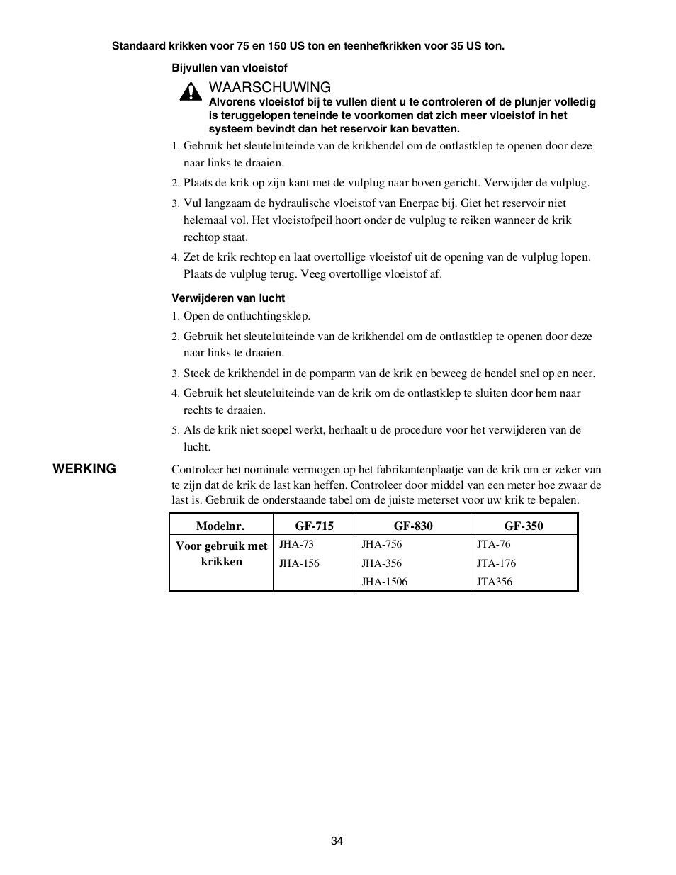 Waarschuwing | Enerpac JTA-Series User Manual | Page 34 / 36