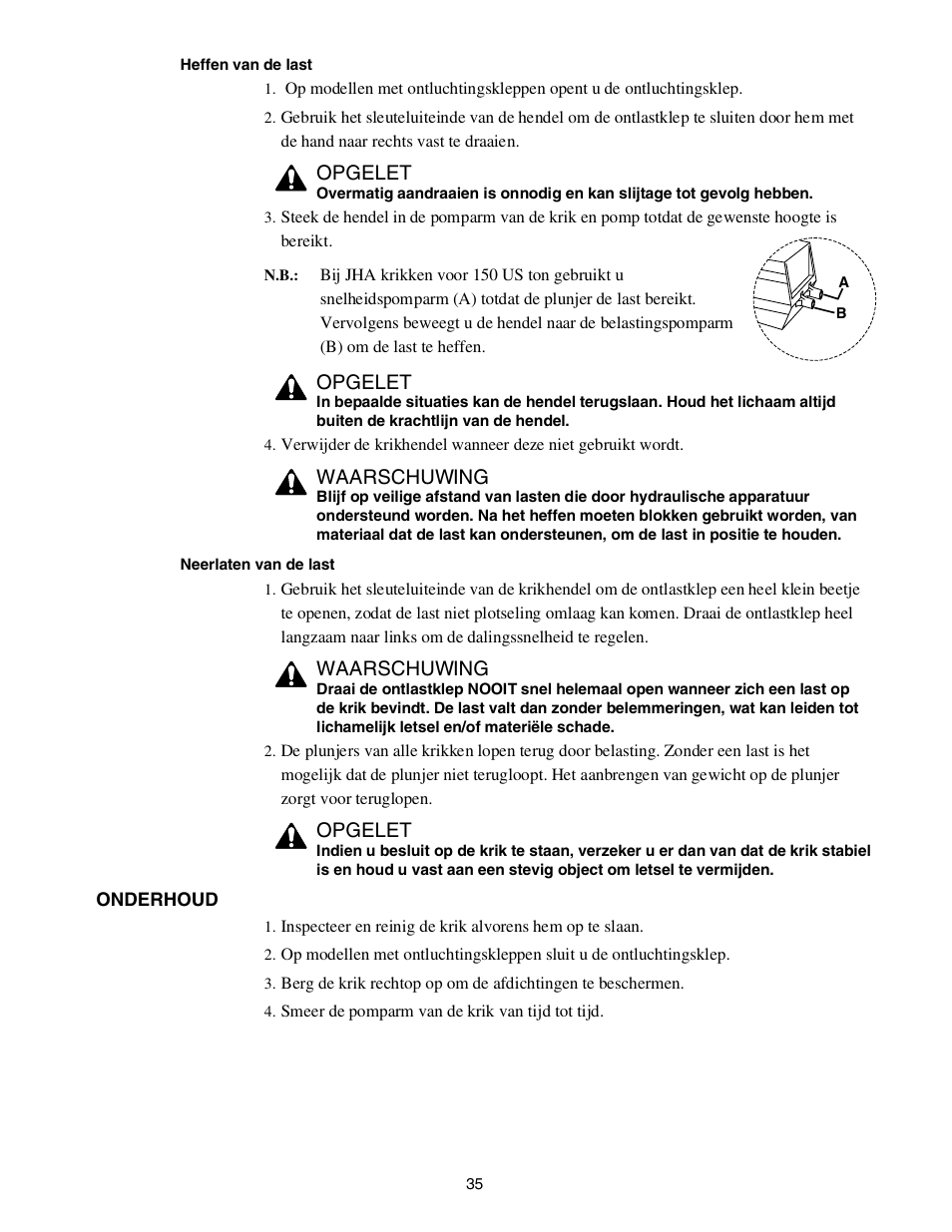 Opgelet, Waarschuwing | Enerpac JTA-Series User Manual | Page 35 / 36