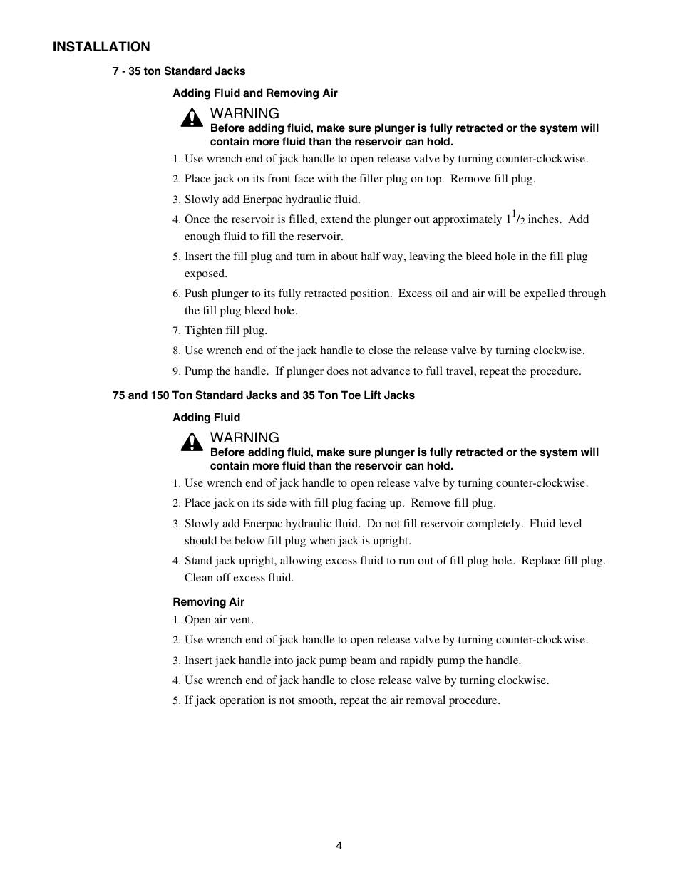 Warning | Enerpac JTA-Series User Manual | Page 4 / 36