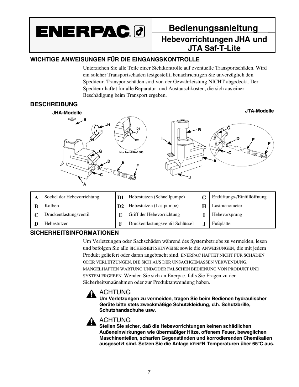 Bedienungsanleitung, Hebevorrichtungen jha und jta saf-t-lite, Achtung | Enerpac JTA-Series User Manual | Page 7 / 36