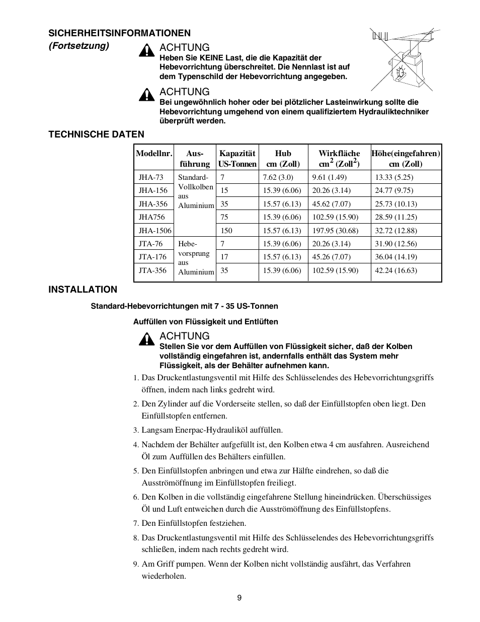 Achtung | Enerpac JTA-Series User Manual | Page 9 / 36