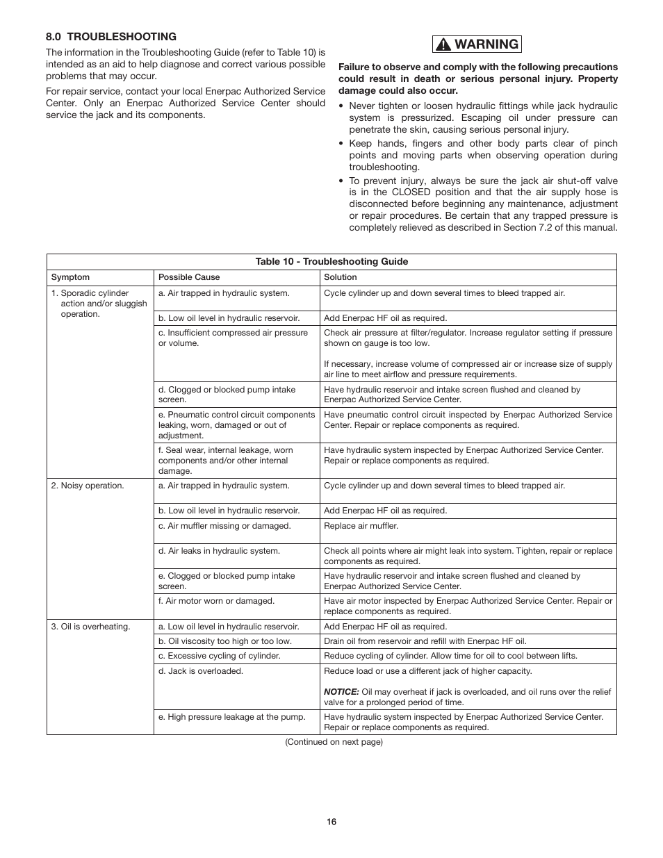 Warning | Enerpac PL200-Series User Manual | Page 16 / 76