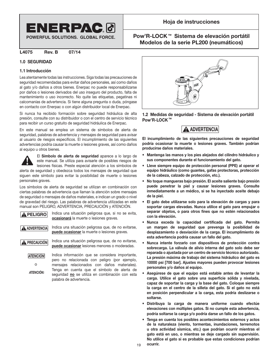 Español, Hoja de instrucciones, Pow’r-lock | Advertencia | Enerpac PL200-Series User Manual | Page 19 / 76