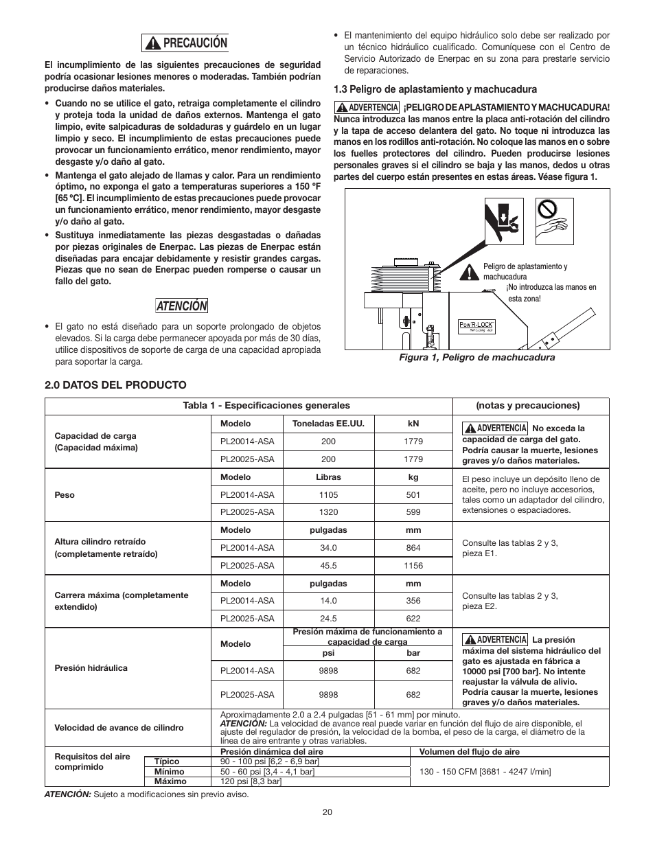 Precaución, Atención | Enerpac PL200-Series User Manual | Page 20 / 76