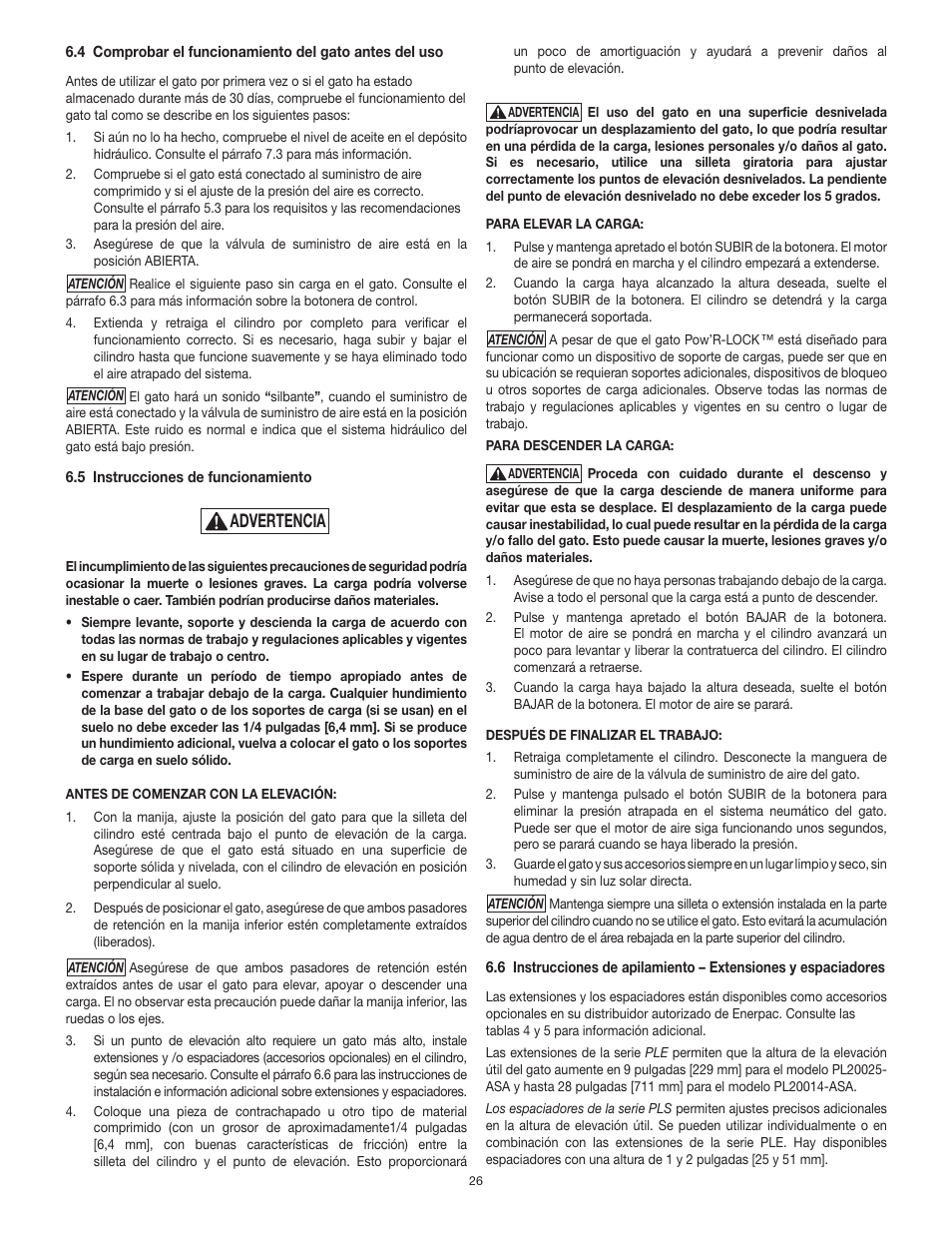 Advertencia | Enerpac PL200-Series User Manual | Page 26 / 76