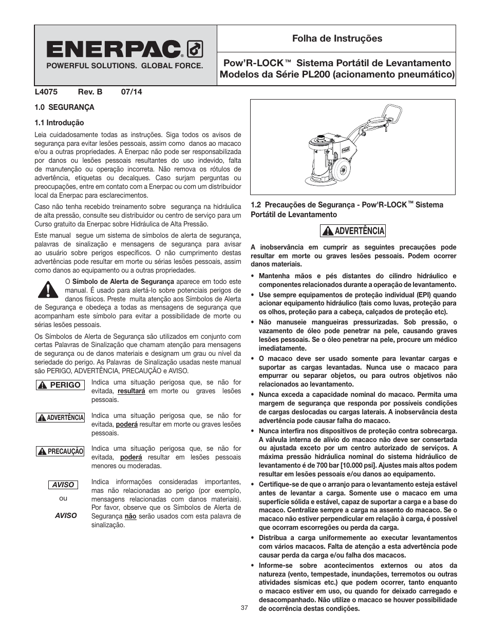 Portugese, Folha de instruções, Pow’r-lock | Advertência | Enerpac PL200-Series User Manual | Page 37 / 76