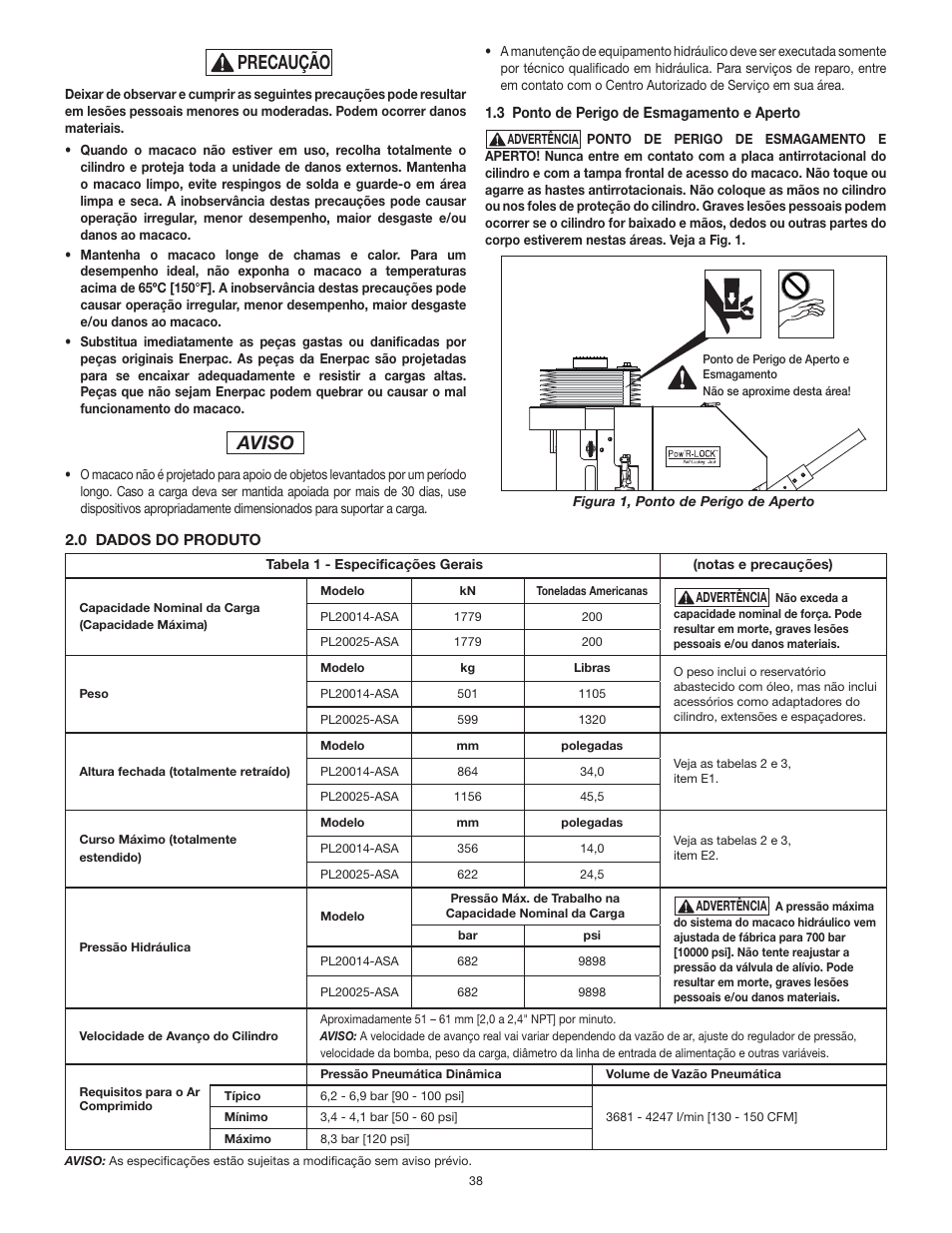 Precaução, Aviso | Enerpac PL200-Series User Manual | Page 38 / 76