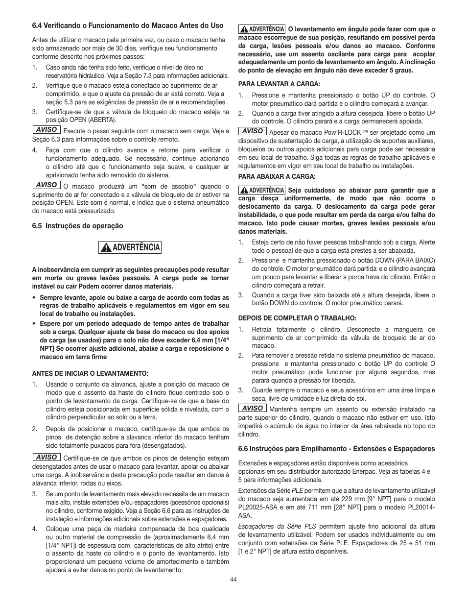 Advertência | Enerpac PL200-Series User Manual | Page 44 / 76