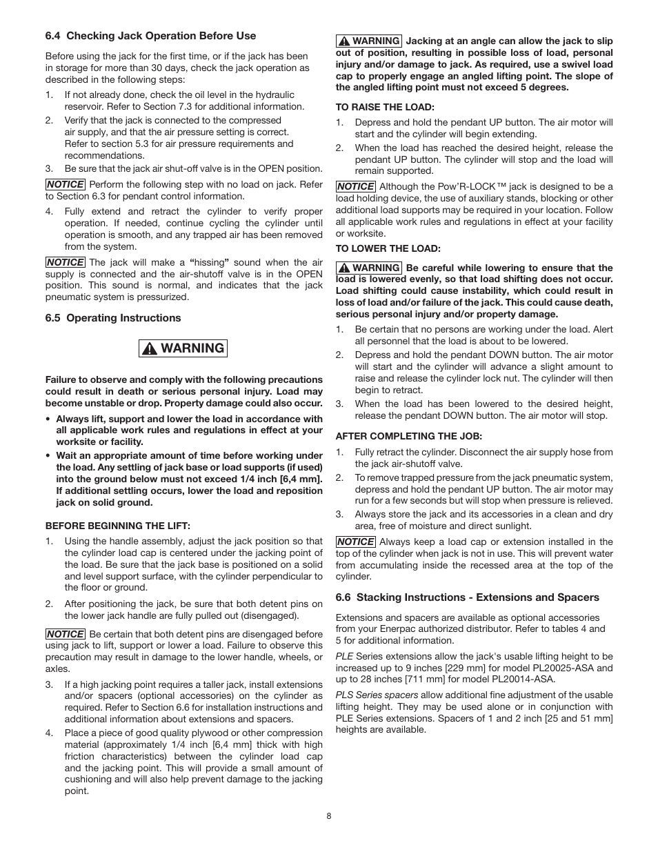 Warning | Enerpac PL200-Series User Manual | Page 8 / 76