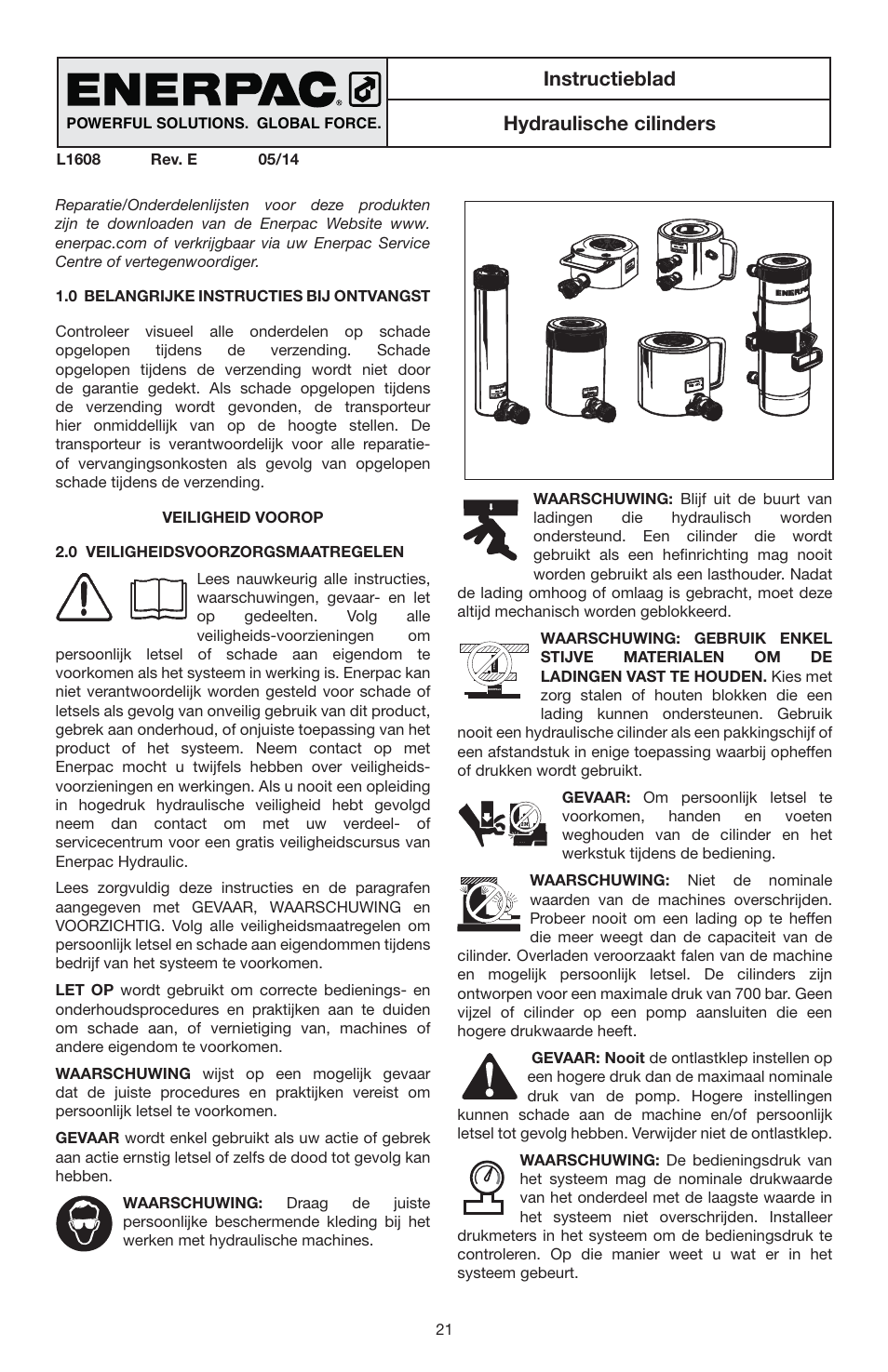 Instructieblad, Hydraulische cilinders | Enerpac RSM-Series User Manual | Page 21 / 52