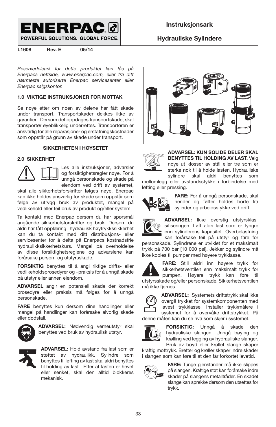 Instruksjonsark hydrauliske sylindere | Enerpac RSM-Series User Manual | Page 33 / 52