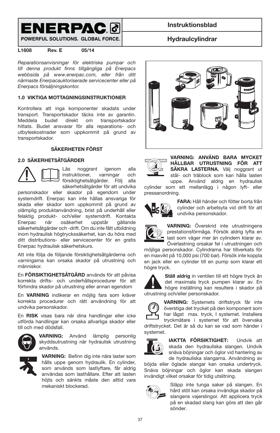 Instruktionsblad hydraulcylindrar | Enerpac RSM-Series User Manual | Page 37 / 52