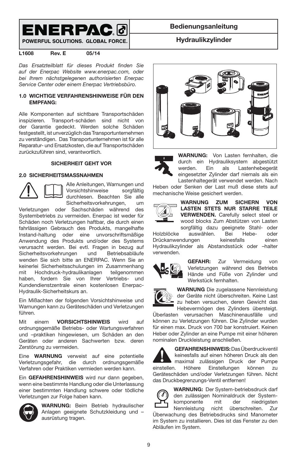 Hydraulikzylinder bedienungsanleitung | Enerpac RSM-Series User Manual | Page 9 / 52