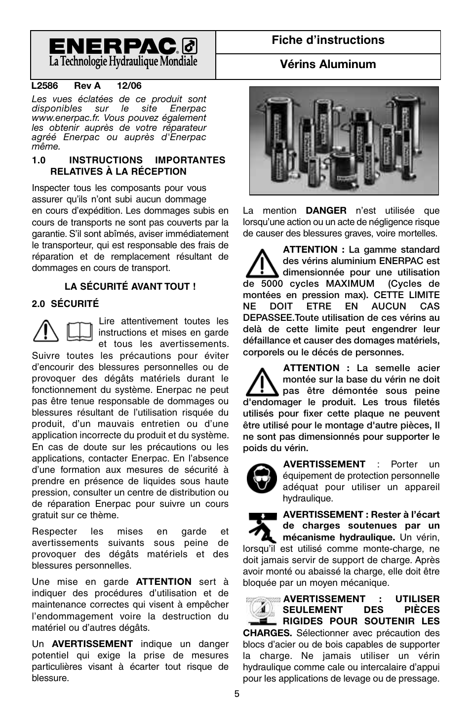 Fiche d’instructions vérins aluminum | Enerpac RAC-Series User Manual | Page 5 / 36