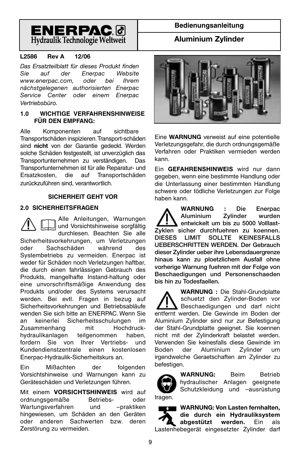 Aluminium zylinder | Enerpac RAC-Series User Manual | Page 9 / 36