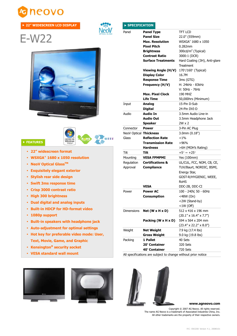 AG Neovo Neovo E-W22 User Manual | 1 page