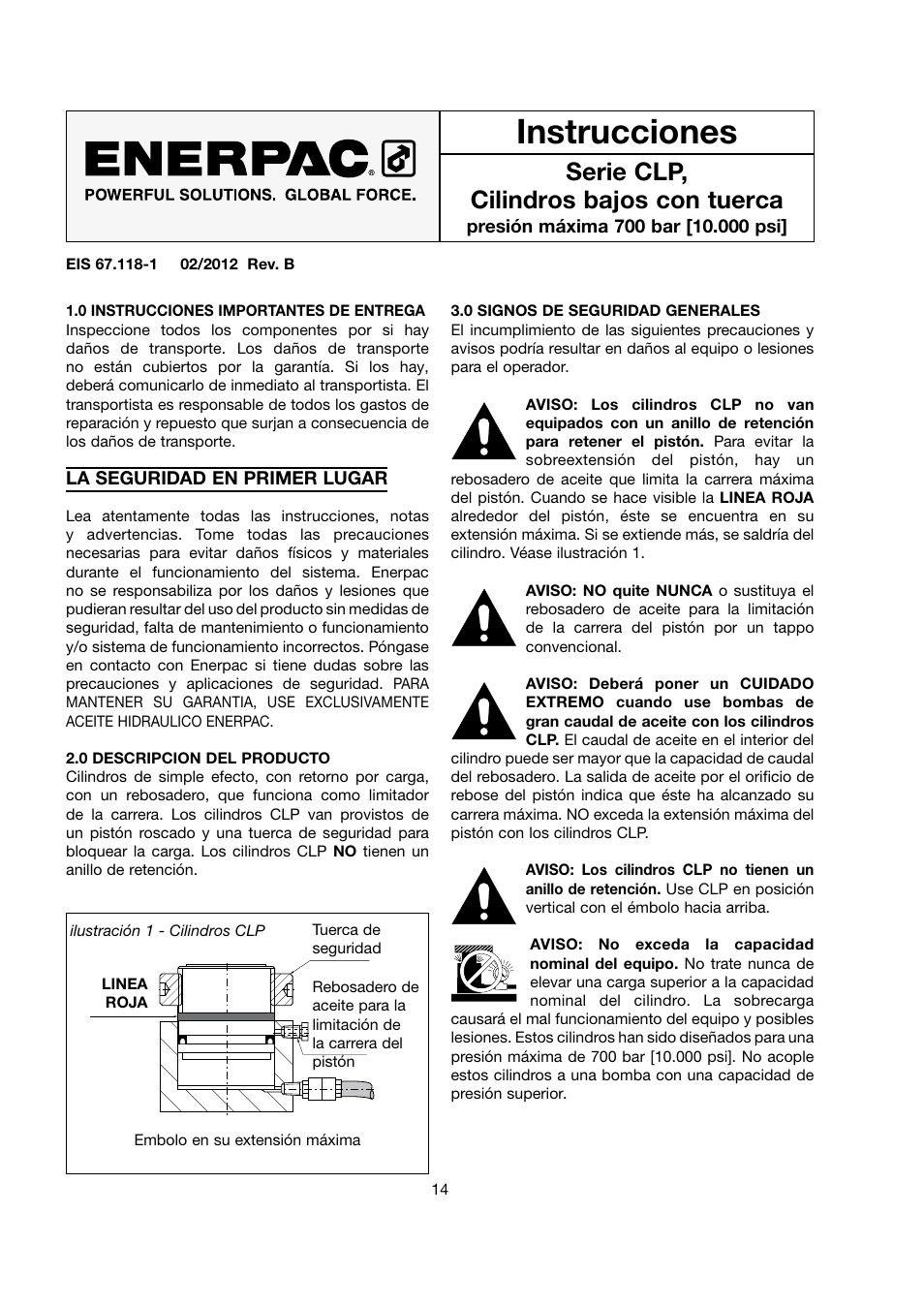 Instrucciones, Serie clp, cilindros bajos con tuerca | Enerpac CLP-Series User Manual | Page 14 / 32