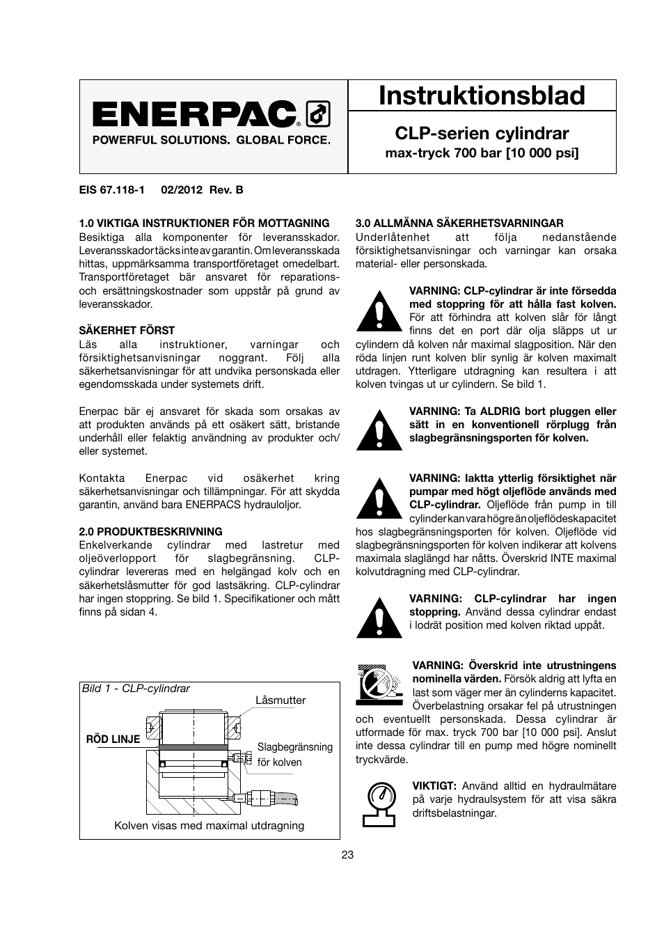 Instruktionsblad, Clp-serien cylindrar | Enerpac CLP-Series User Manual | Page 23 / 32