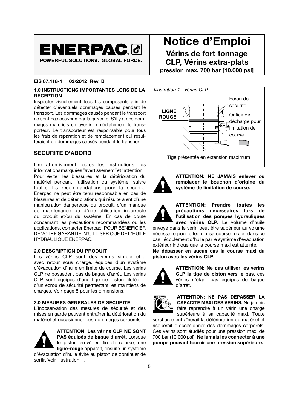 Notice d’emploi, Vérins de fort tonnage clp, vérins extra-plats | Enerpac CLP-Series User Manual | Page 5 / 32