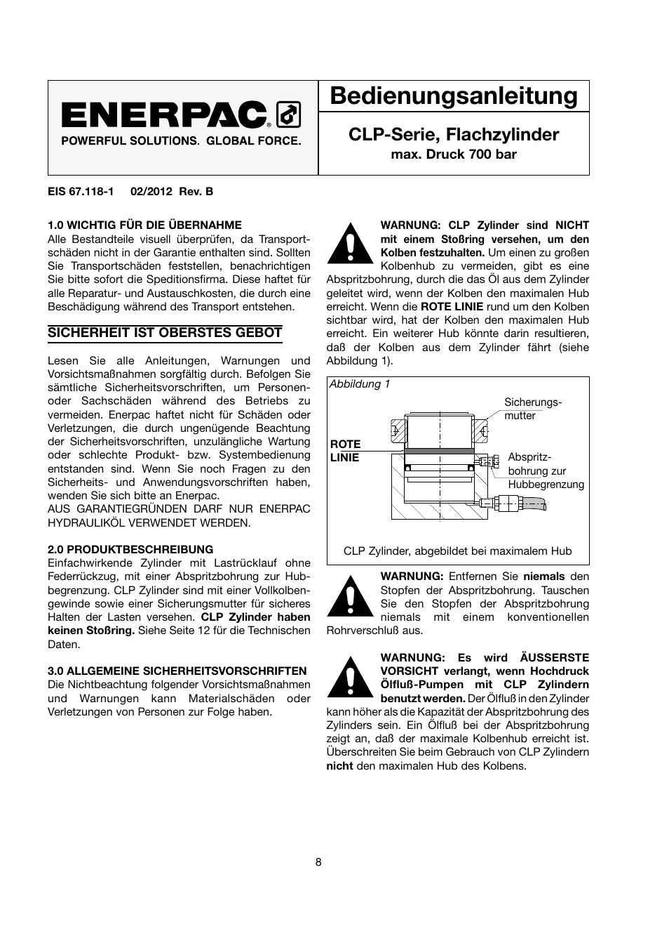 Bedienungsanleitung, Clp-serie, flachzylinder | Enerpac CLP-Series User Manual | Page 8 / 32