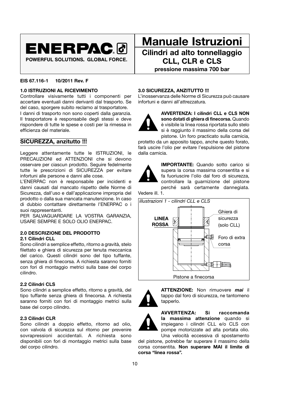 Manuale istruzioni, Cilindri ad alto tonnellaggio cll, clr e cls | Enerpac CLS-Series User Manual | Page 10 / 28