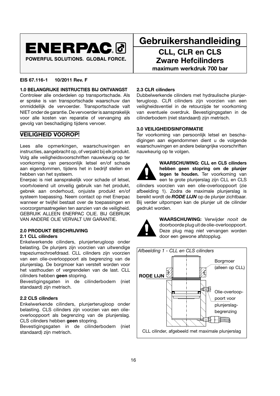 Gebruikershandleiding, Cll, clr en cls zware hefcilinders | Enerpac CLS-Series User Manual | Page 16 / 28