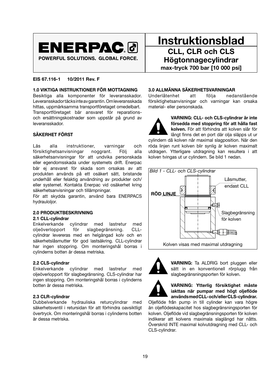 Instruktionsblad, Cll, clr och cls högtonnagecylindrar | Enerpac CLS-Series User Manual | Page 19 / 28