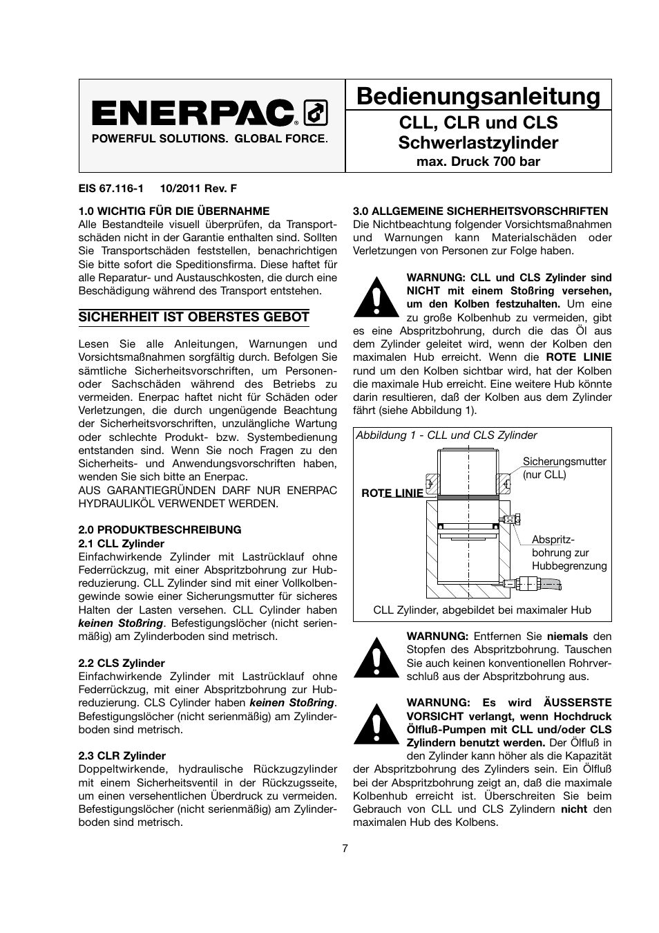 Bedienungsanleitung, Cll, clr und cls schwerlastzylinder | Enerpac CLS-Series User Manual | Page 7 / 28