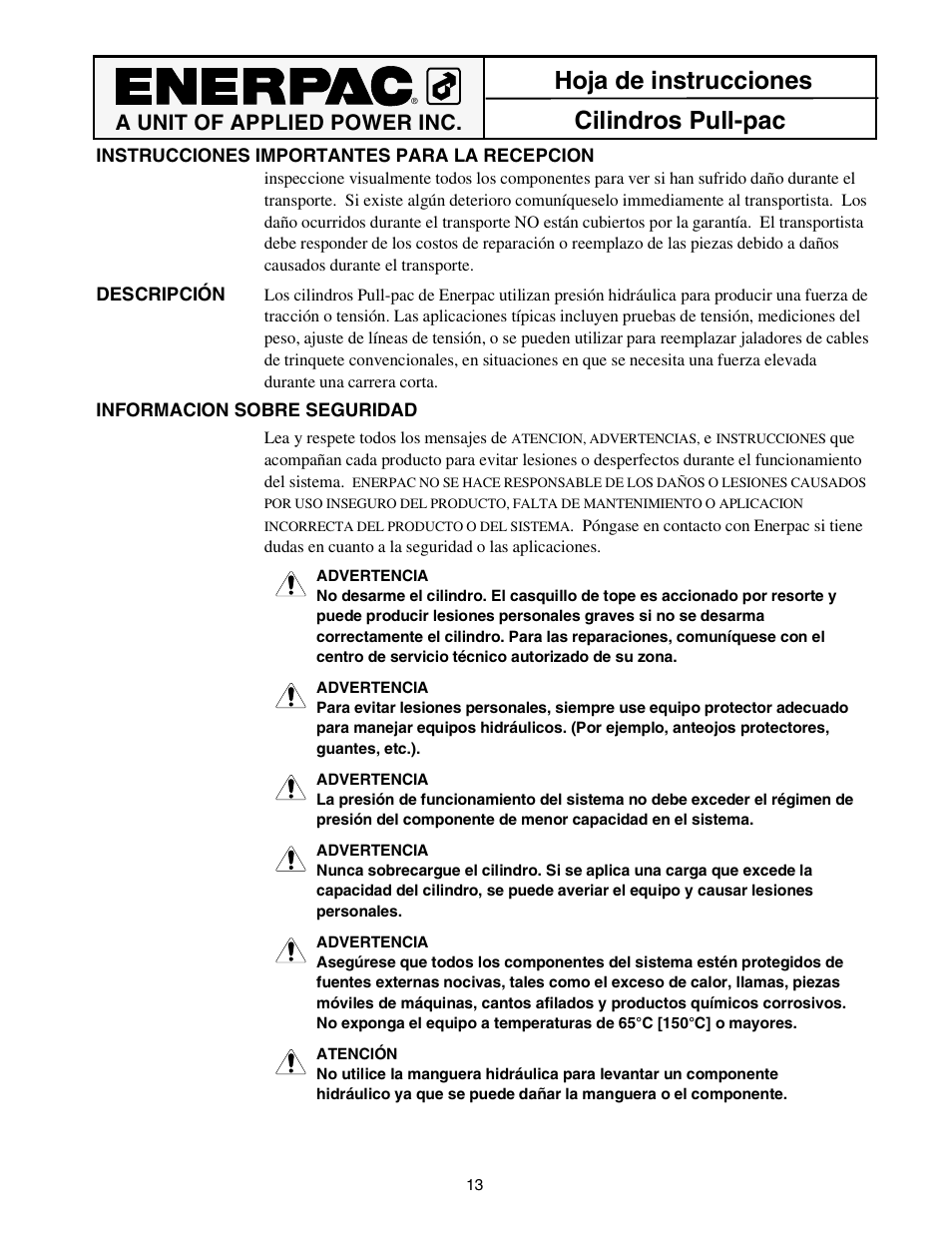 Hoja de instrucciones cilindros pull-pac, A unit of applied power inc | Enerpac BRP-302 User Manual | Page 13 / 24