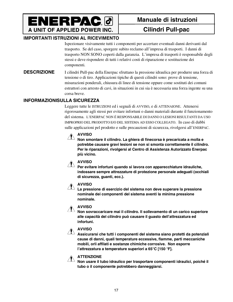 Manuale di istruzioni cilindri pull-pac, A unit of applied power inc | Enerpac BRP-302 User Manual | Page 17 / 24