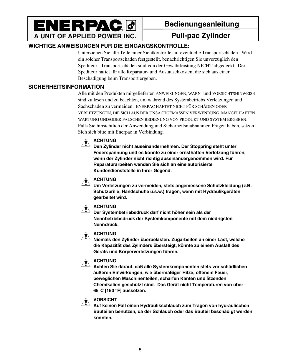 Bedienungsanleitung pull-pac zylinder, A unit of applied power inc | Enerpac BRP-302 User Manual | Page 5 / 24
