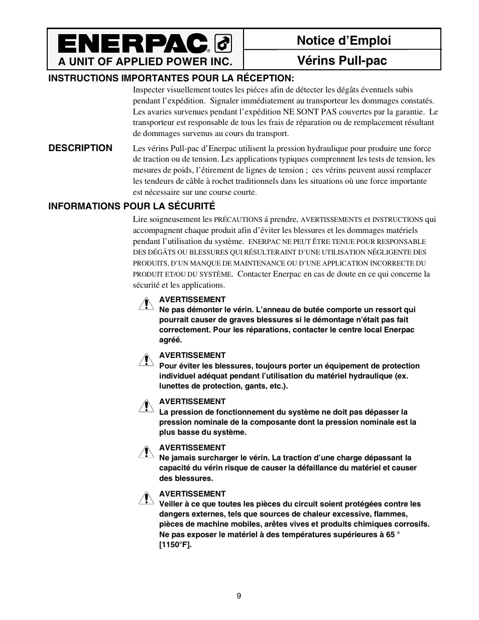 Notice d’emploi vérins pull-pac, A unit of applied power inc | Enerpac BRP-302 User Manual | Page 9 / 24