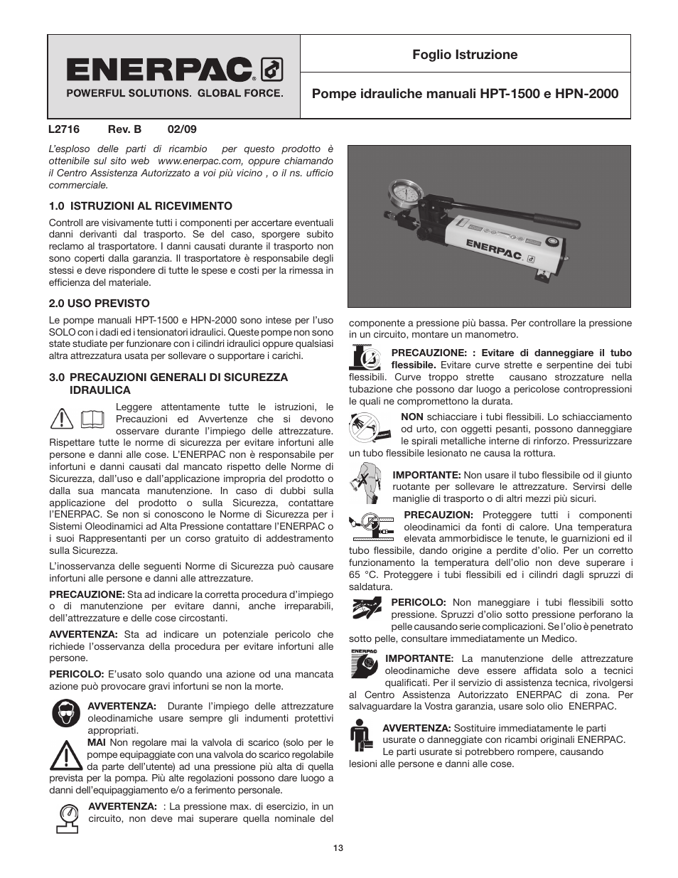 Foglio istruzione | Enerpac HPT-Series User Manual | Page 13 / 50