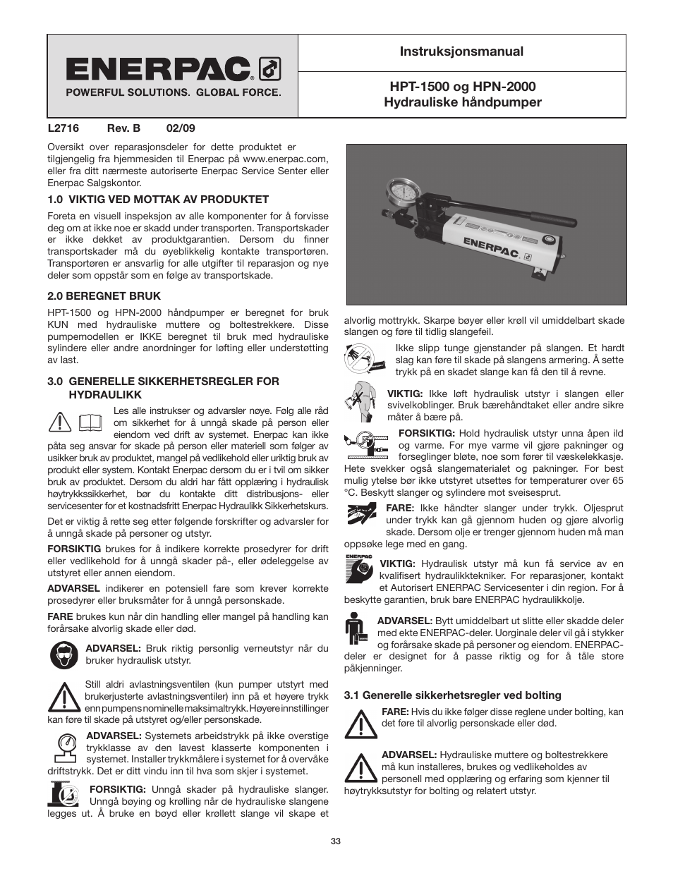 Instruksjonsmanual | Enerpac HPT-Series User Manual | Page 33 / 50