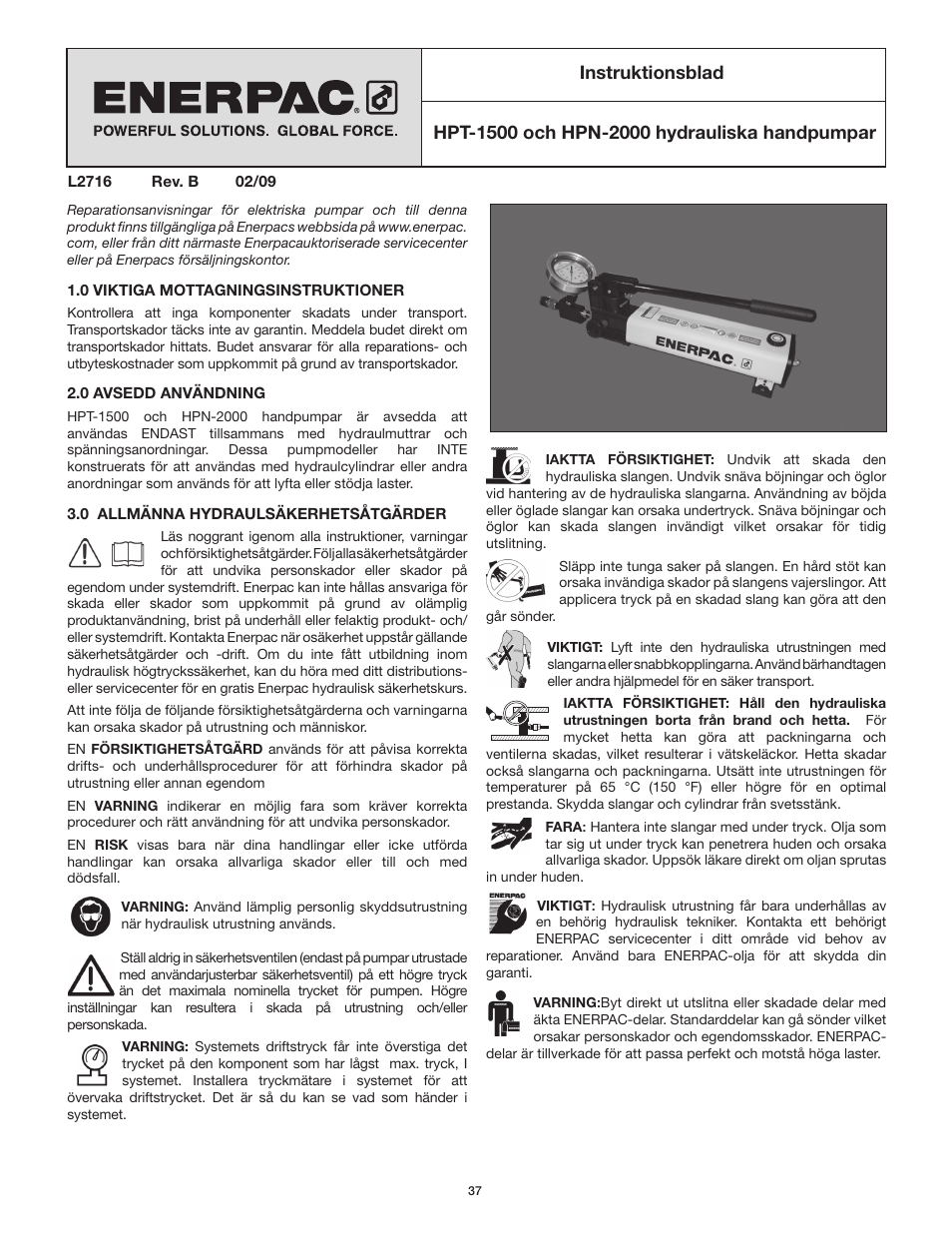 Instruktionsblad | Enerpac HPT-Series User Manual | Page 37 / 50